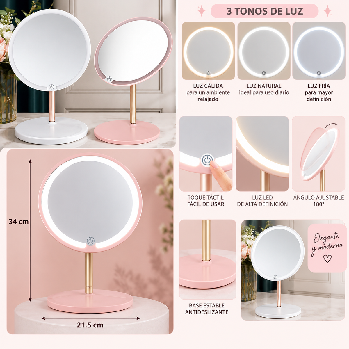Espejo LED de Maquillaje con Luz Ajustable ✨