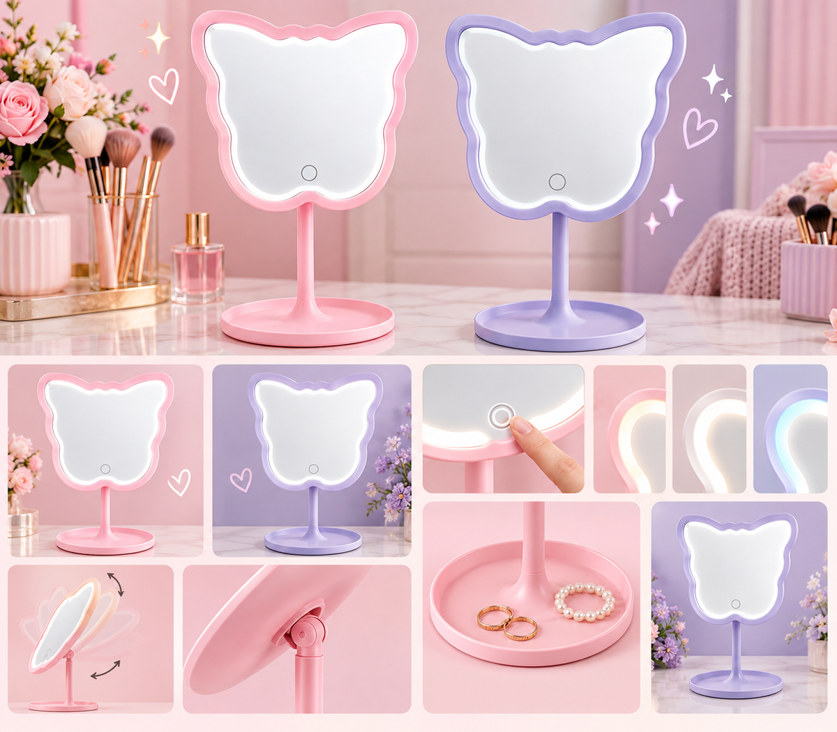 🦋 Espejo LED de Maquillaje con Diseño Kawaii ✨