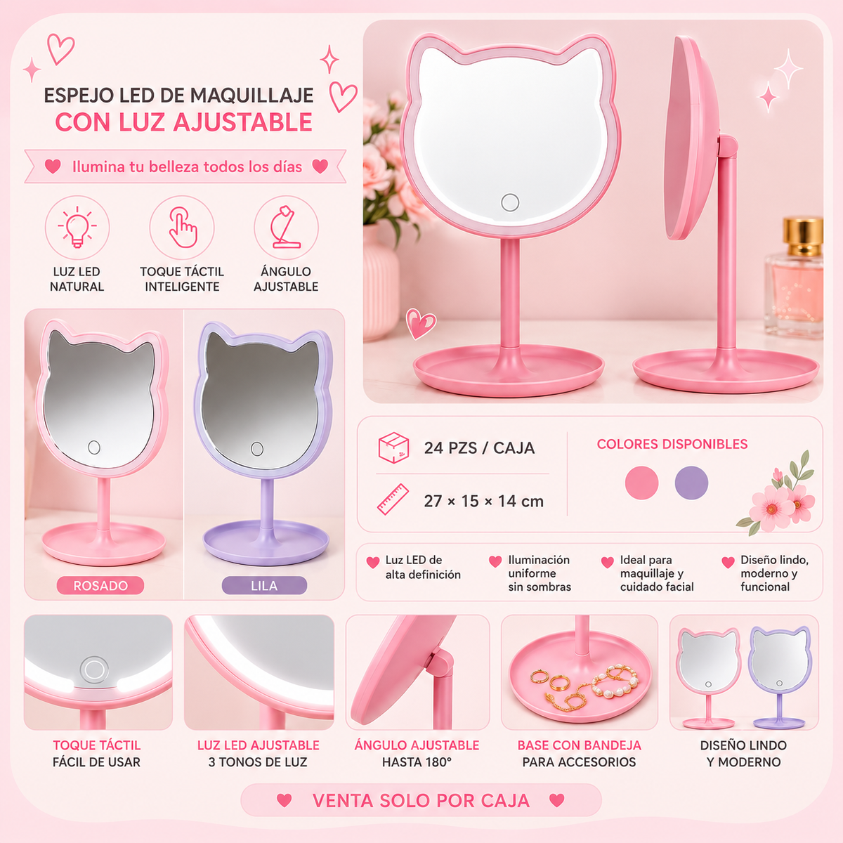 🐱 Espejo LED de Maquillaje Diseño Gatito ✨