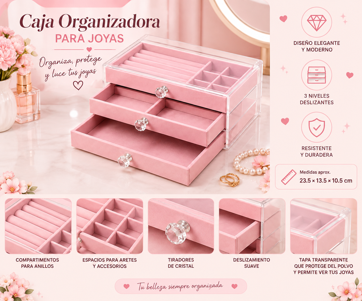 💎 Joyero Organizador de 3 Niveles con Tapa Transparente