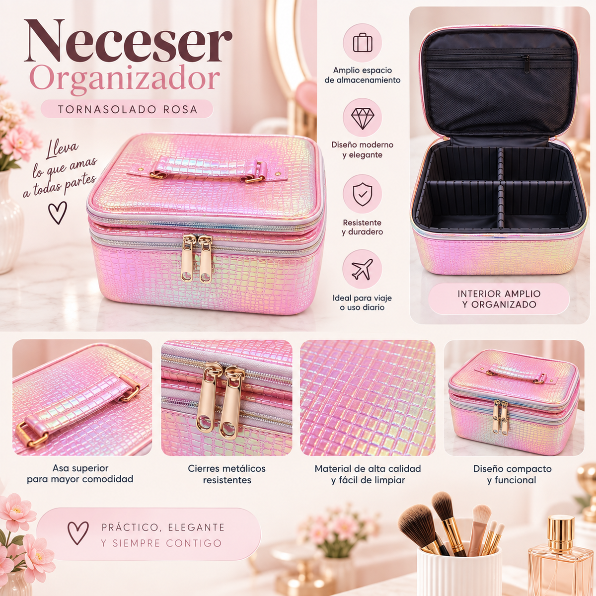 ✨ Neceser Organizador Tornasolado – Amplio y Elegante