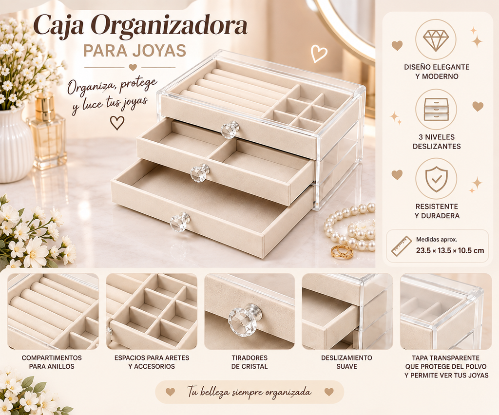 💎 Joyero Organizador de 3 Niveles con Tapa Transparente