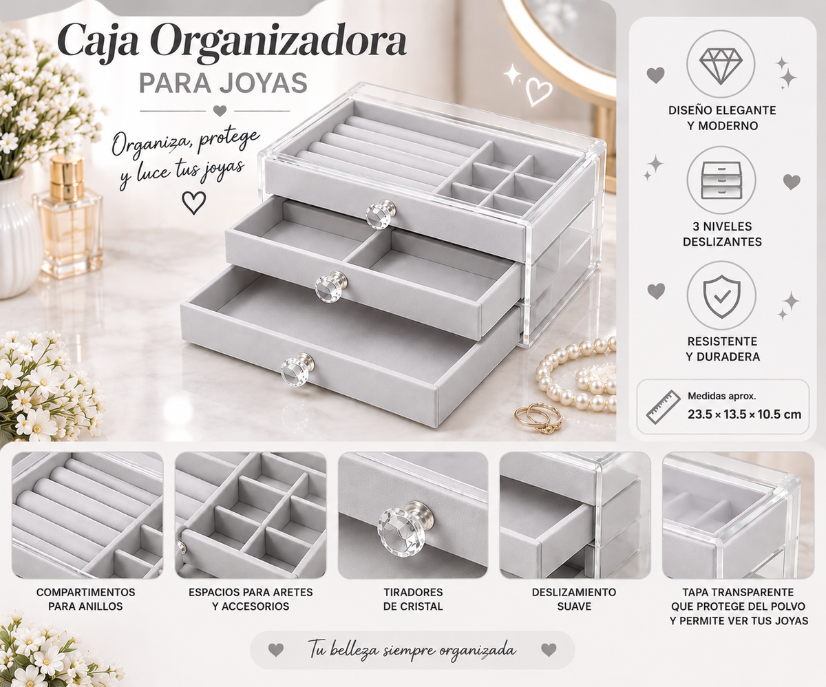 💎 Joyero Organizador de 3 Niveles con Tapa Transparente